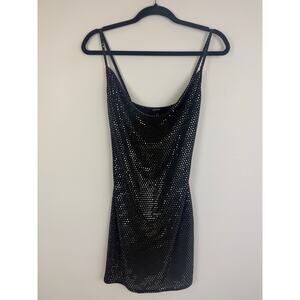 Boohoo Womens Cowl Neck Sequin Spaghetti Strap Sparkle Black Mini Dress US 10